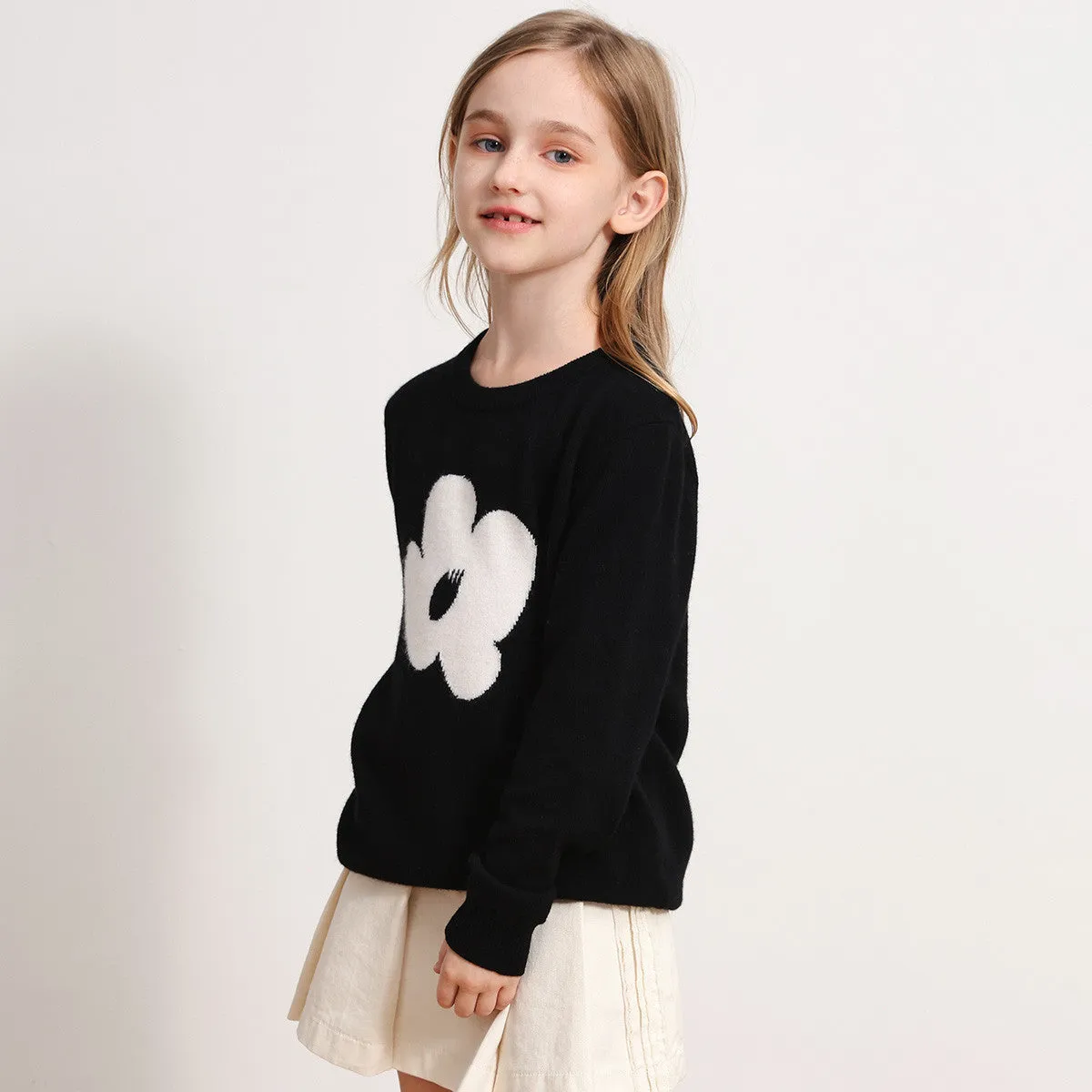 100% Wool  Intarsia Kids Round Neck Knit Sweater