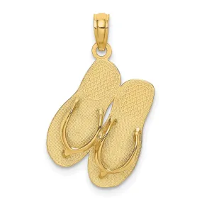 14K Yellow Gold Polished Textured Finish 3-Dimensional Large Size SEA ISLE Double Flip Flop Sandles Charm Pendant