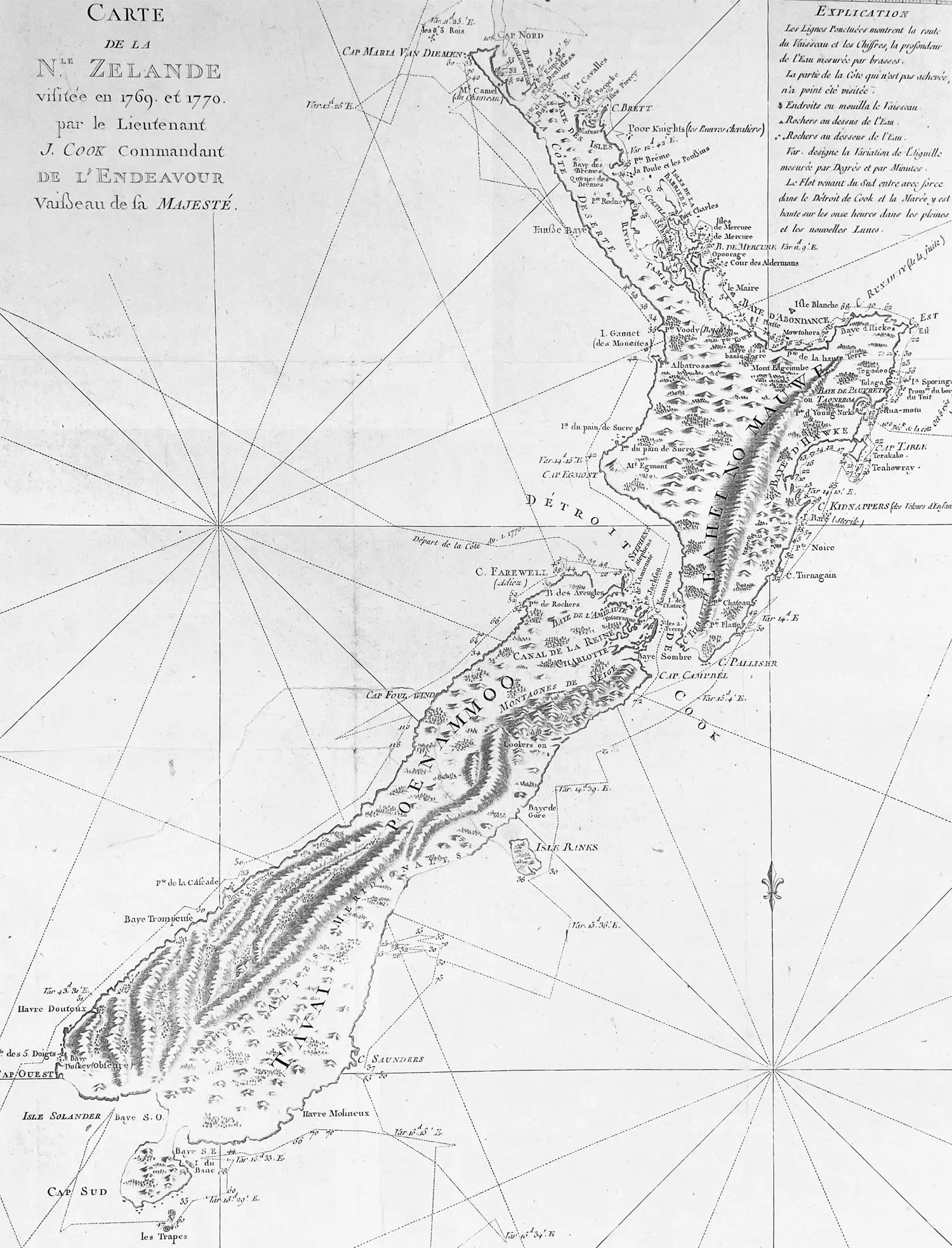 1774 Captain James Cook Antique Map, 1st Printed Chart of New Zealand