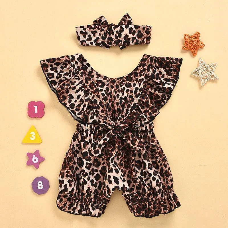 2-piece Leopard Pattern Jumpsuit & Headband for Baby Girl Children's clothing wholesale