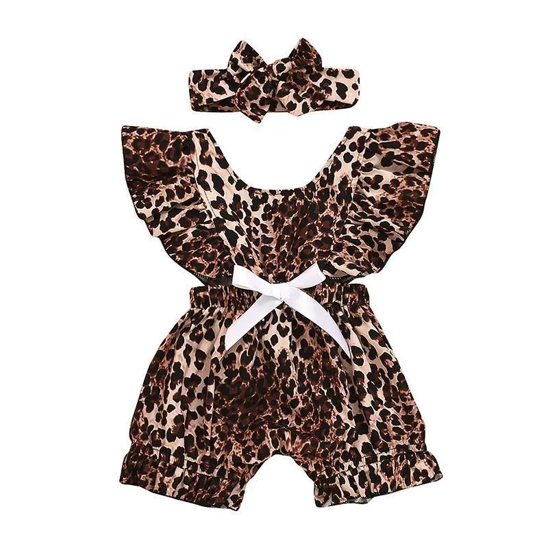 2-piece Leopard Pattern Jumpsuit & Headband for Baby Girl Children's clothing wholesale