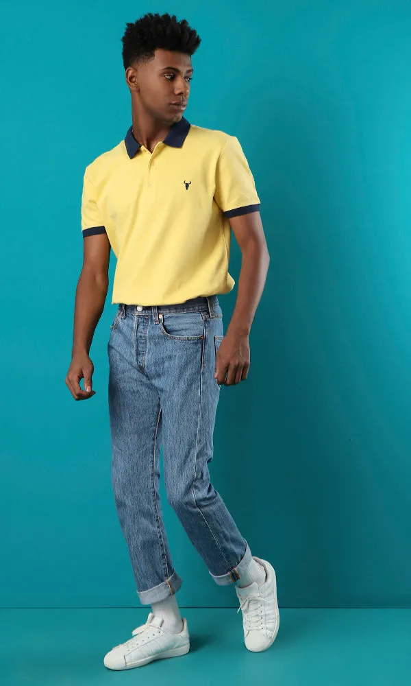 28299 Pique Buttoned Neck Yellow Basic Polo Shirt