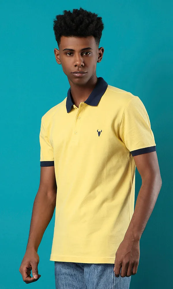 28299 Pique Buttoned Neck Yellow Basic Polo Shirt