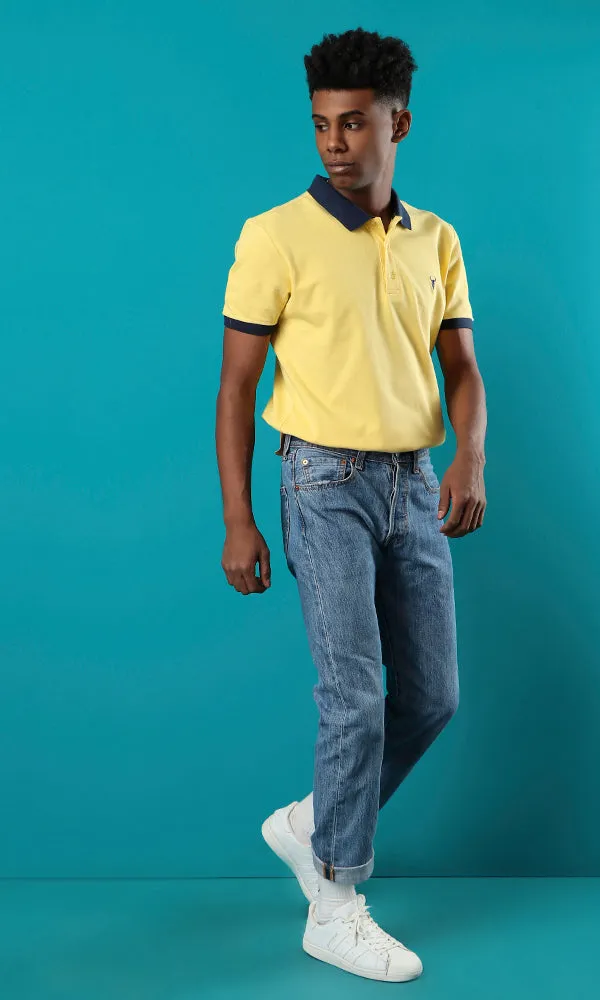 28299 Pique Buttoned Neck Yellow Basic Polo Shirt