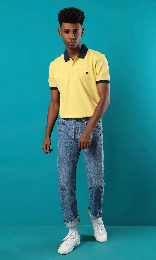 28299 Pique Buttoned Neck Yellow Basic Polo Shirt