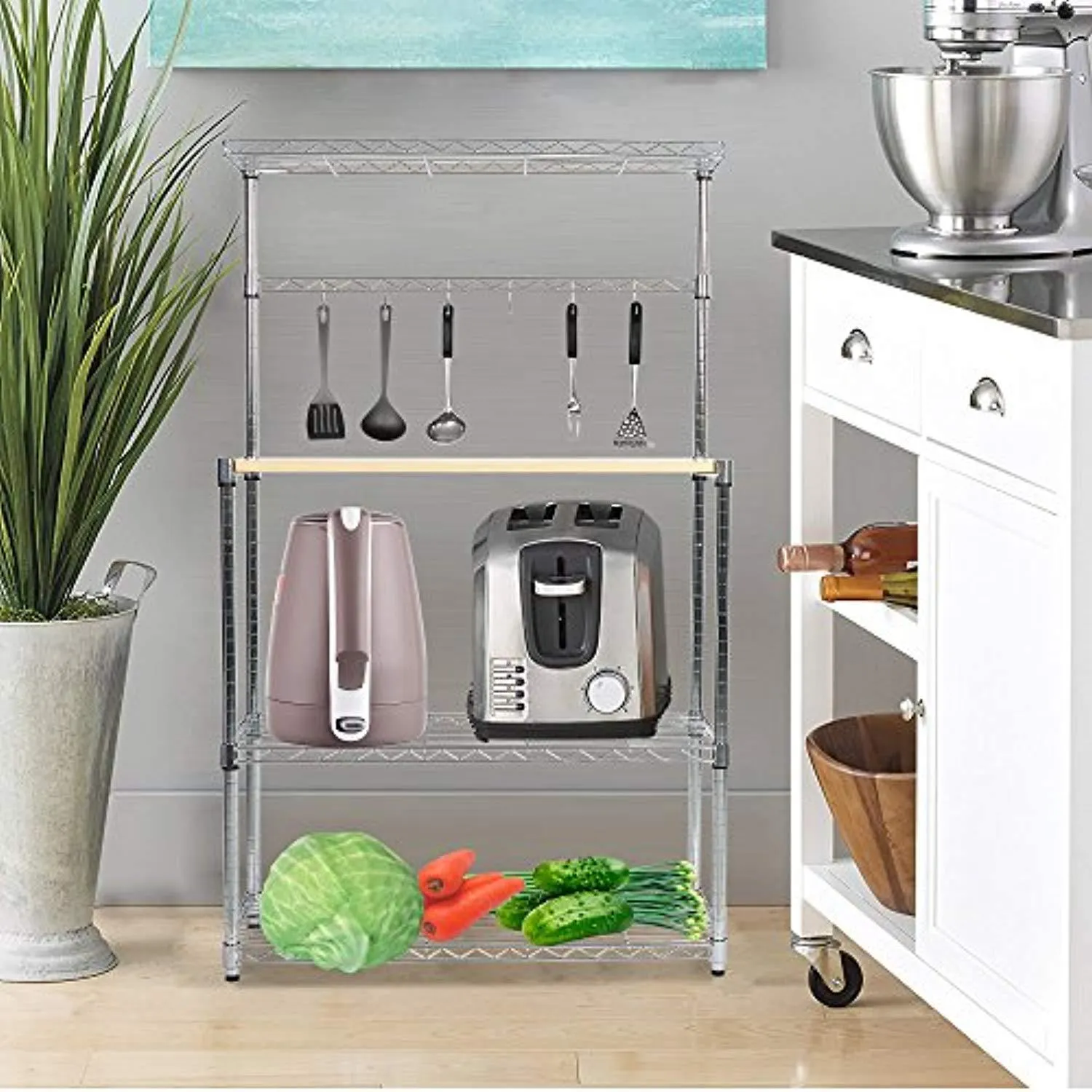 4 Tier Baker's Rack Microwave Shelf, Kitchen Storage Free Standing Workstation with 6 hooks