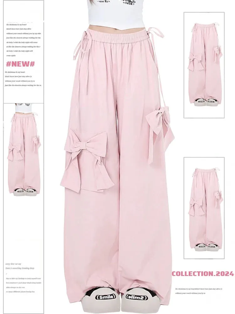 Aiertu Women Oversize Y2k Cargo Pants Baggy Vintage Streetwear Harajuku Pink Bow Pants High Waist Wide Leg Trouser 2000s Trashy Clothes