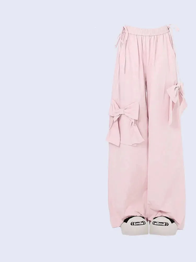 Aiertu Women Oversize Y2k Cargo Pants Baggy Vintage Streetwear Harajuku Pink Bow Pants High Waist Wide Leg Trouser 2000s Trashy Clothes