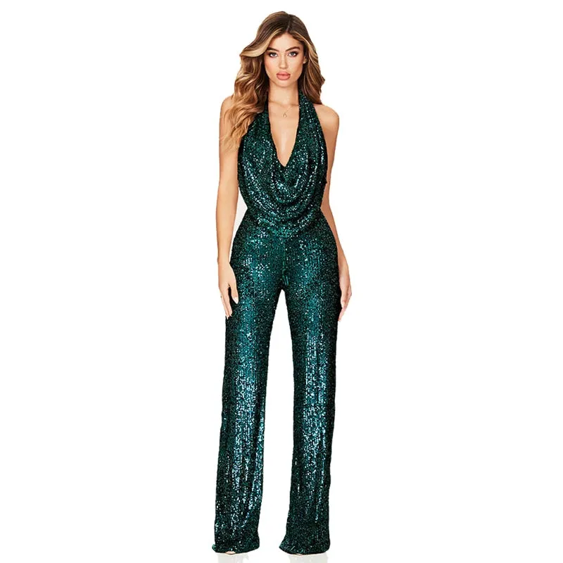 Amozae   Backless Gold Sequin Bosycon Jumpsuit Women Long Sleeve Evening Party Night Club Bodysuit One Piece Rompers Overall Pant