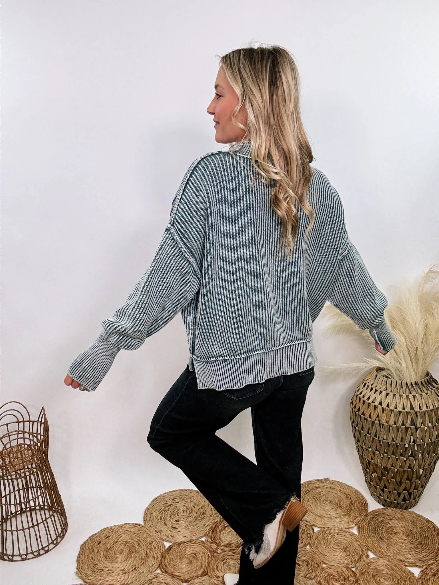 Ash Jade Acid Washed Ribbed Side Slit Sweater