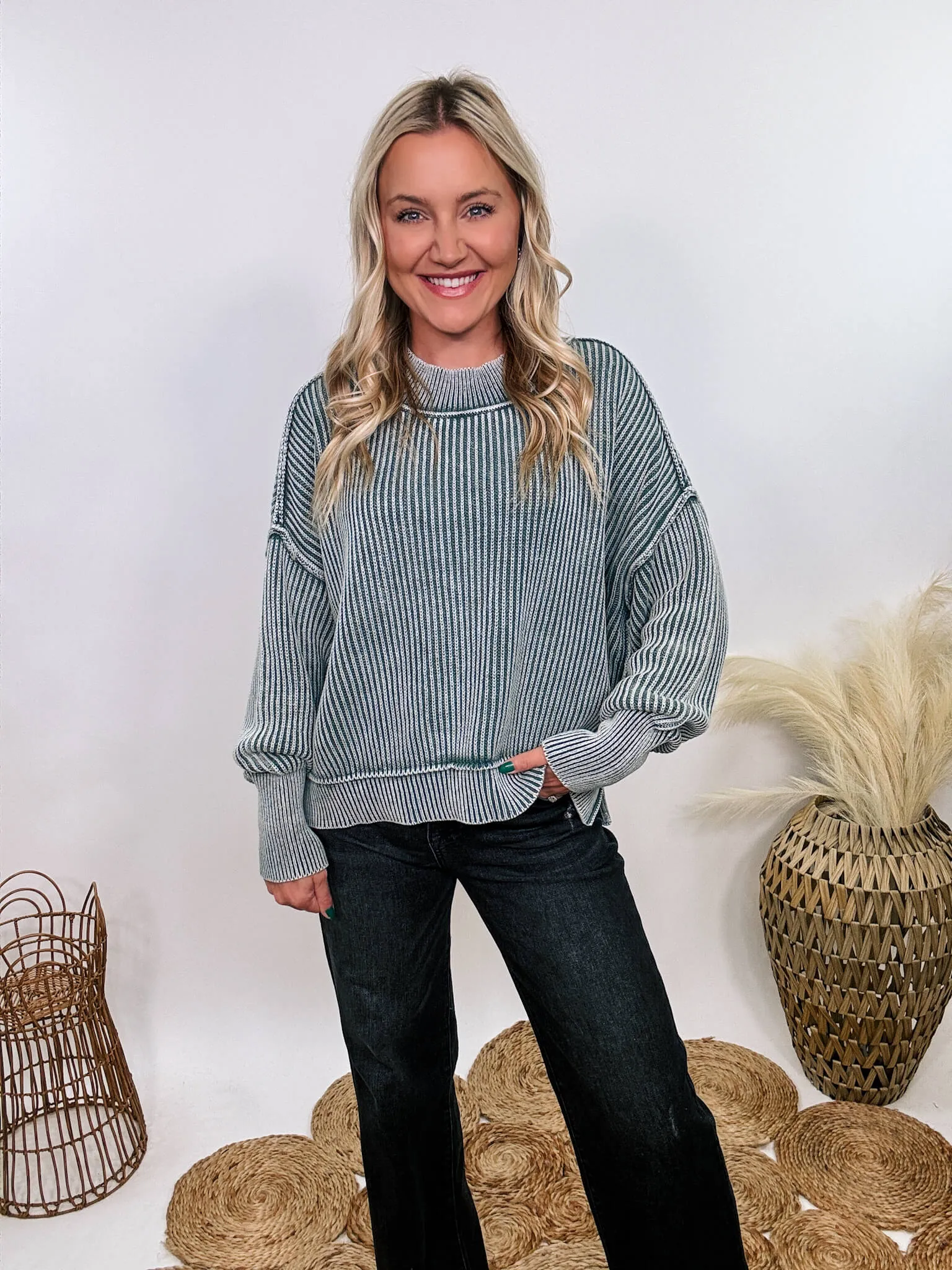 Ash Jade Acid Washed Ribbed Side Slit Sweater