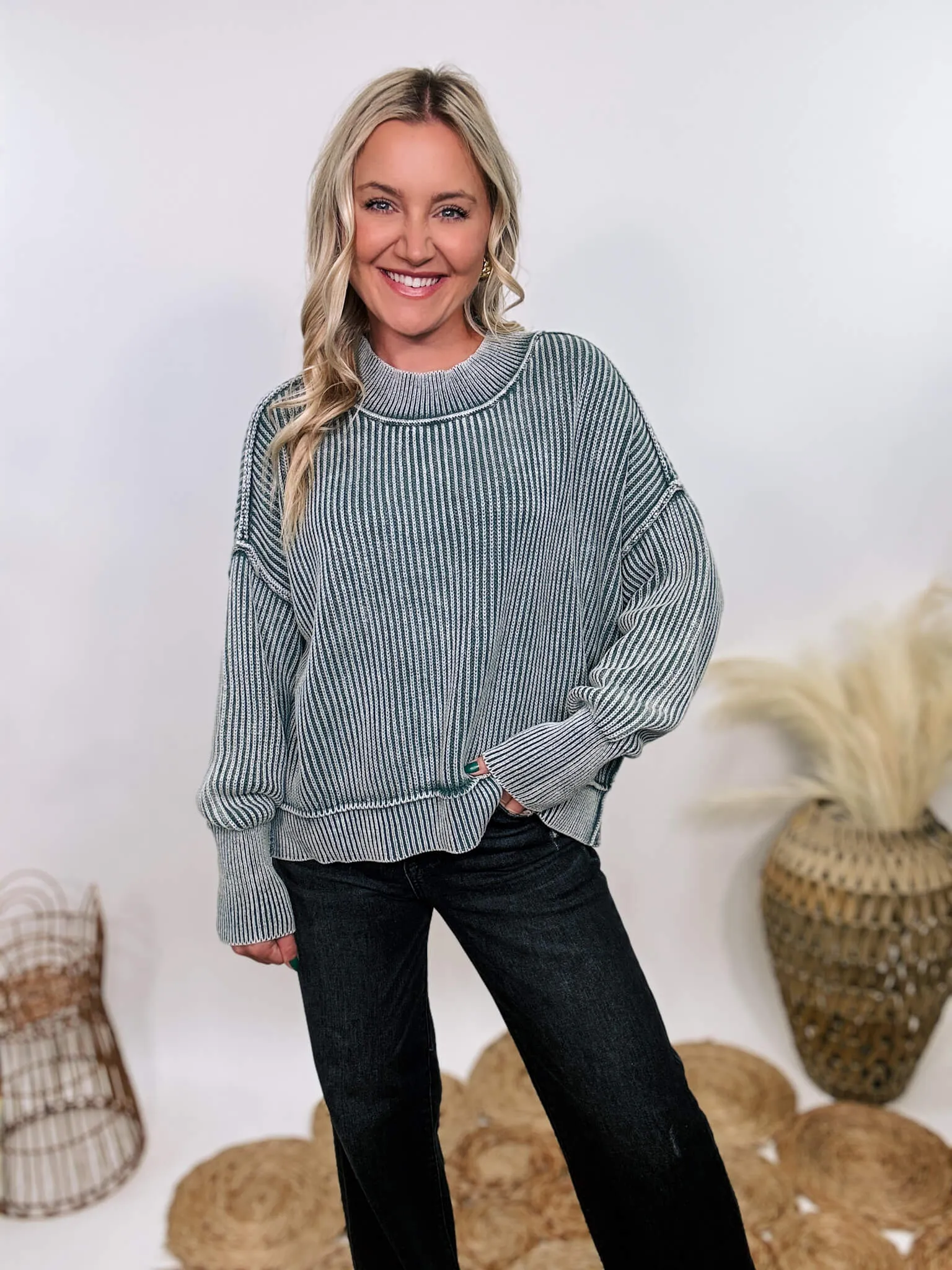 Ash Jade Acid Washed Ribbed Side Slit Sweater