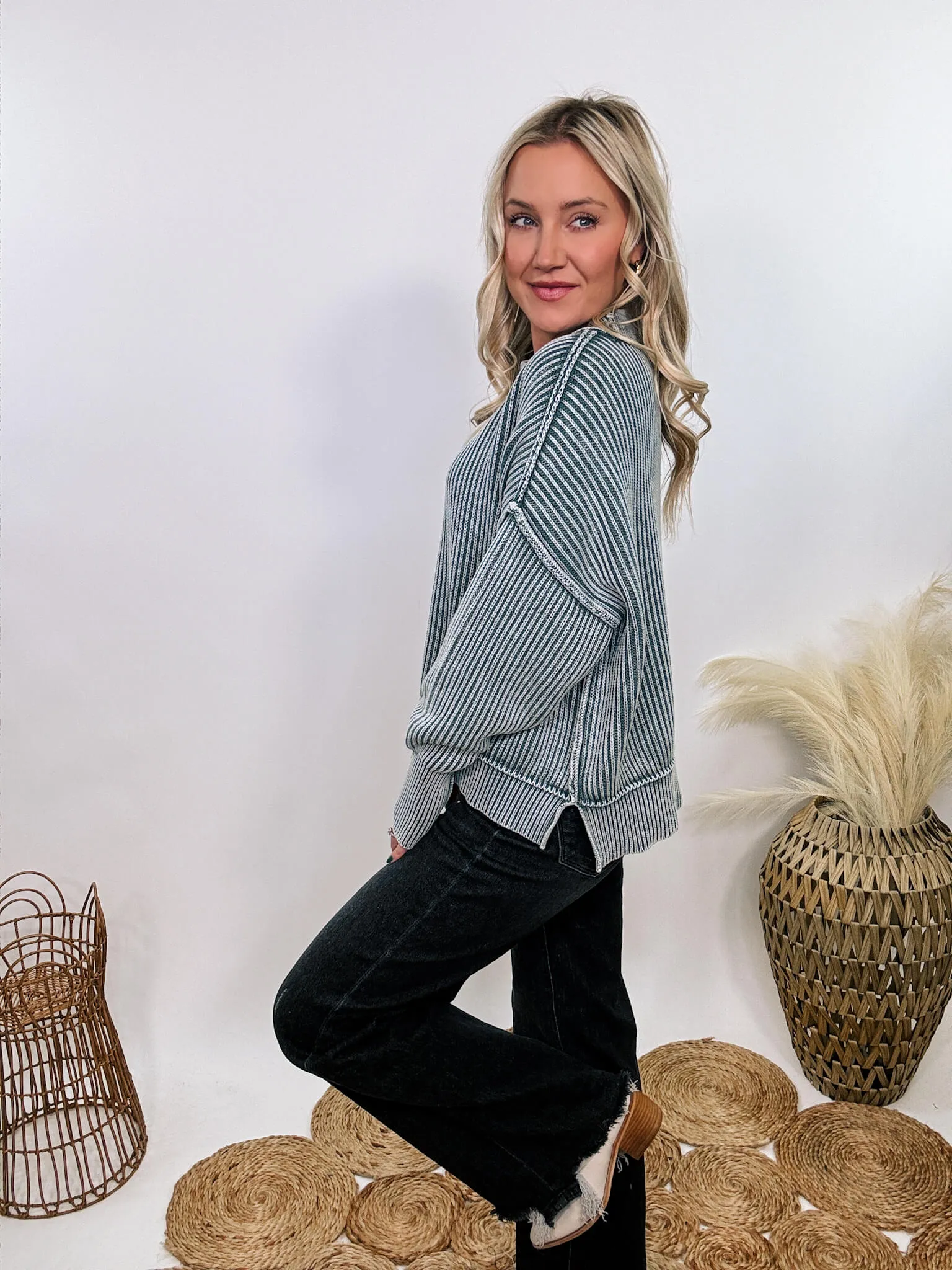 Ash Jade Acid Washed Ribbed Side Slit Sweater