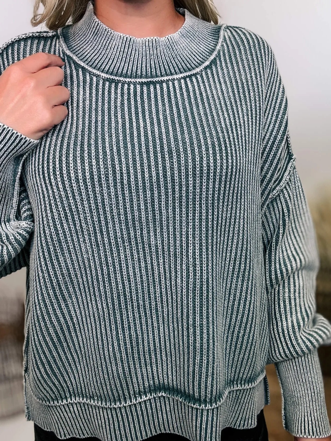 Ash Jade Acid Washed Ribbed Side Slit Sweater