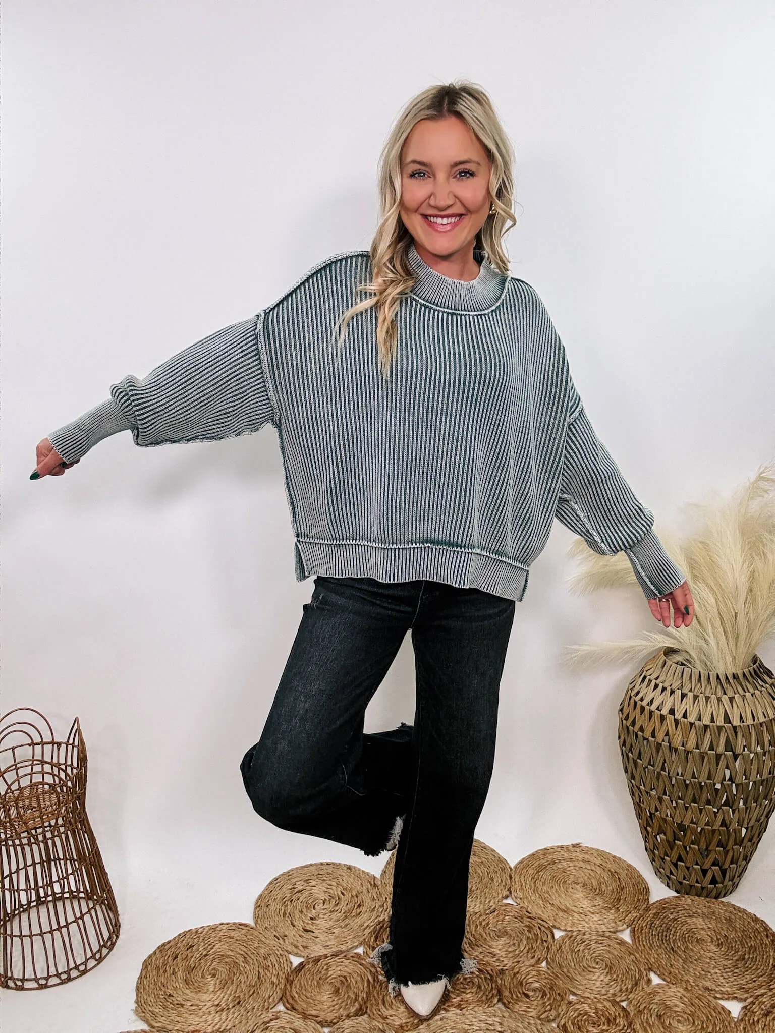 Ash Jade Acid Washed Ribbed Side Slit Sweater