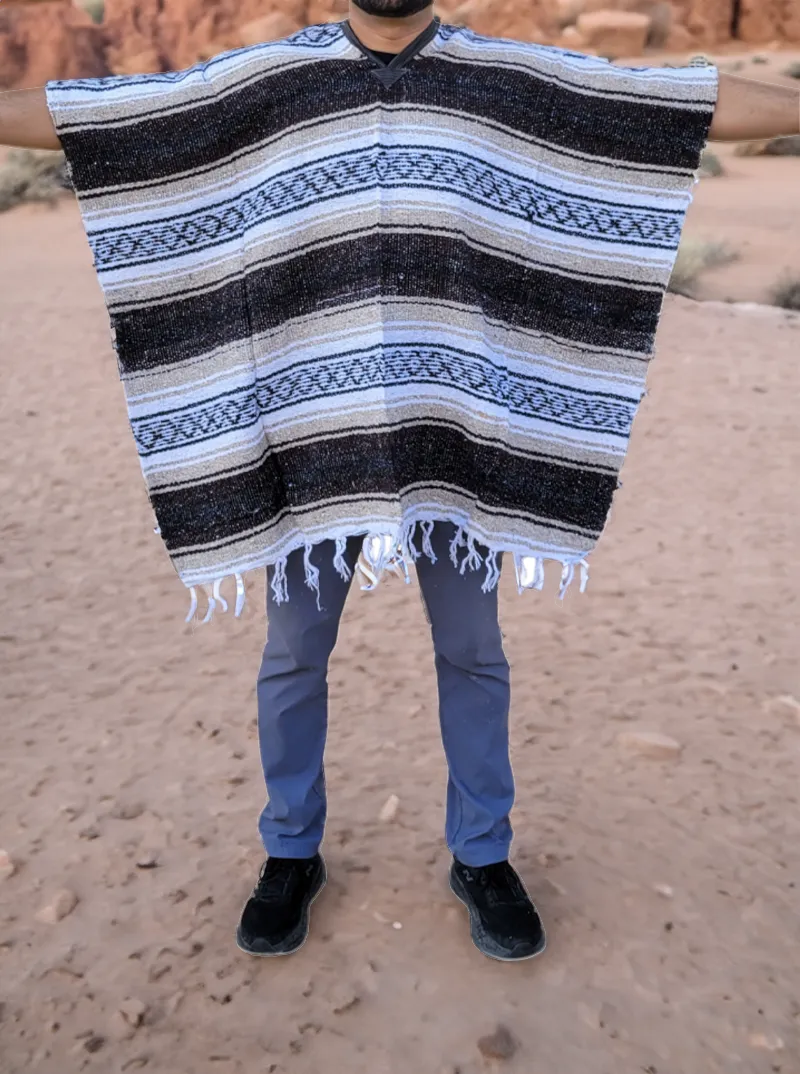 Authentic Mexican Poncho with Stripes | Brown