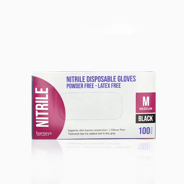 Barneys Nitrile Disposable Gloves Powder Free - Black - Medium - 100 Pieces