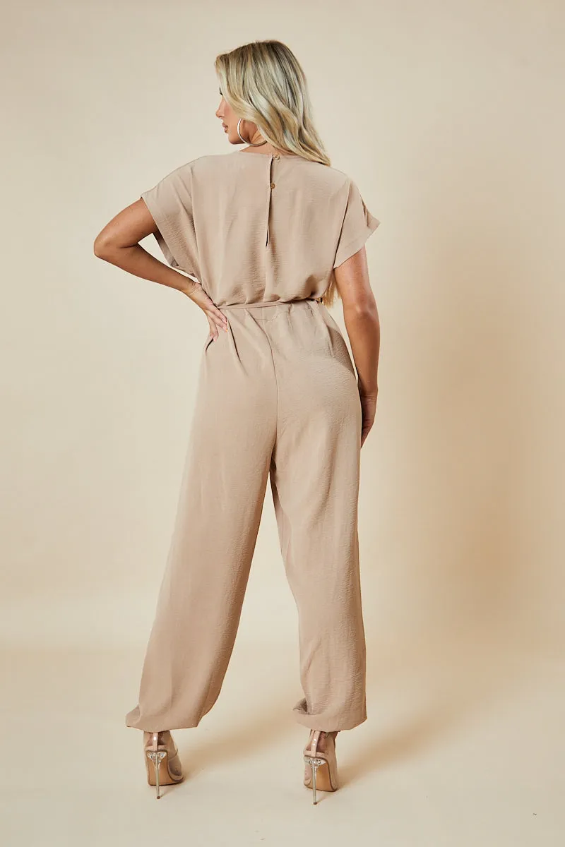 Beige V-Neck Oversized Tie Detail Jumpsuit - Sammie