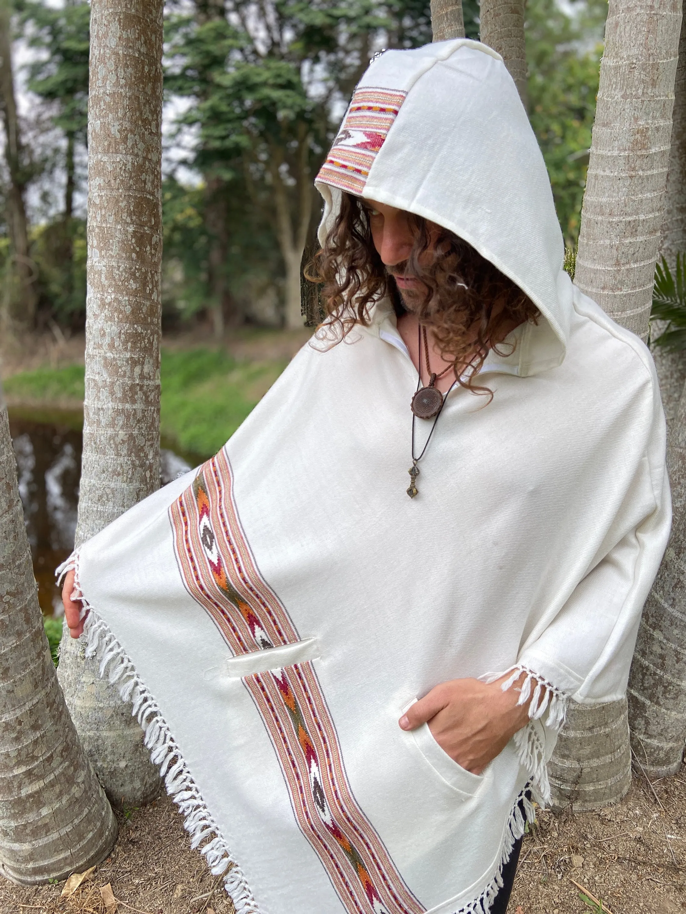 BHAVA Hooded Poncho White Handwoven Wool Premium Pure Cashmere Hood Pockets Zen Embroidery Boho Gypsy Festival Mexican Aztec Celtic AJJAYA