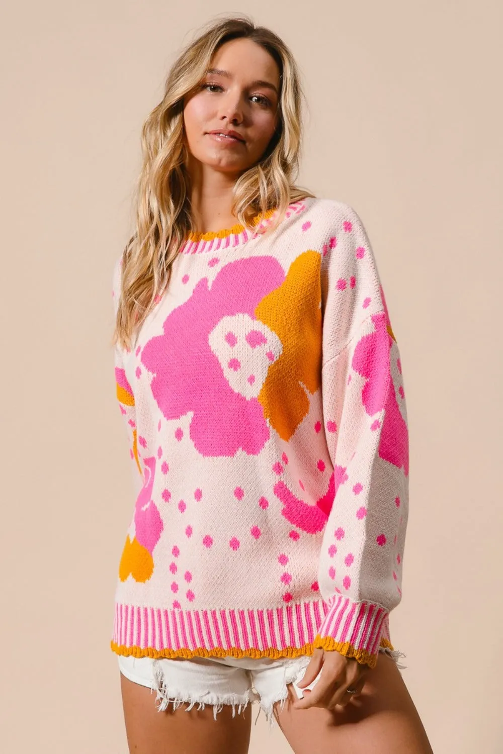 BiBi Flower Pattern Contrast Sweater