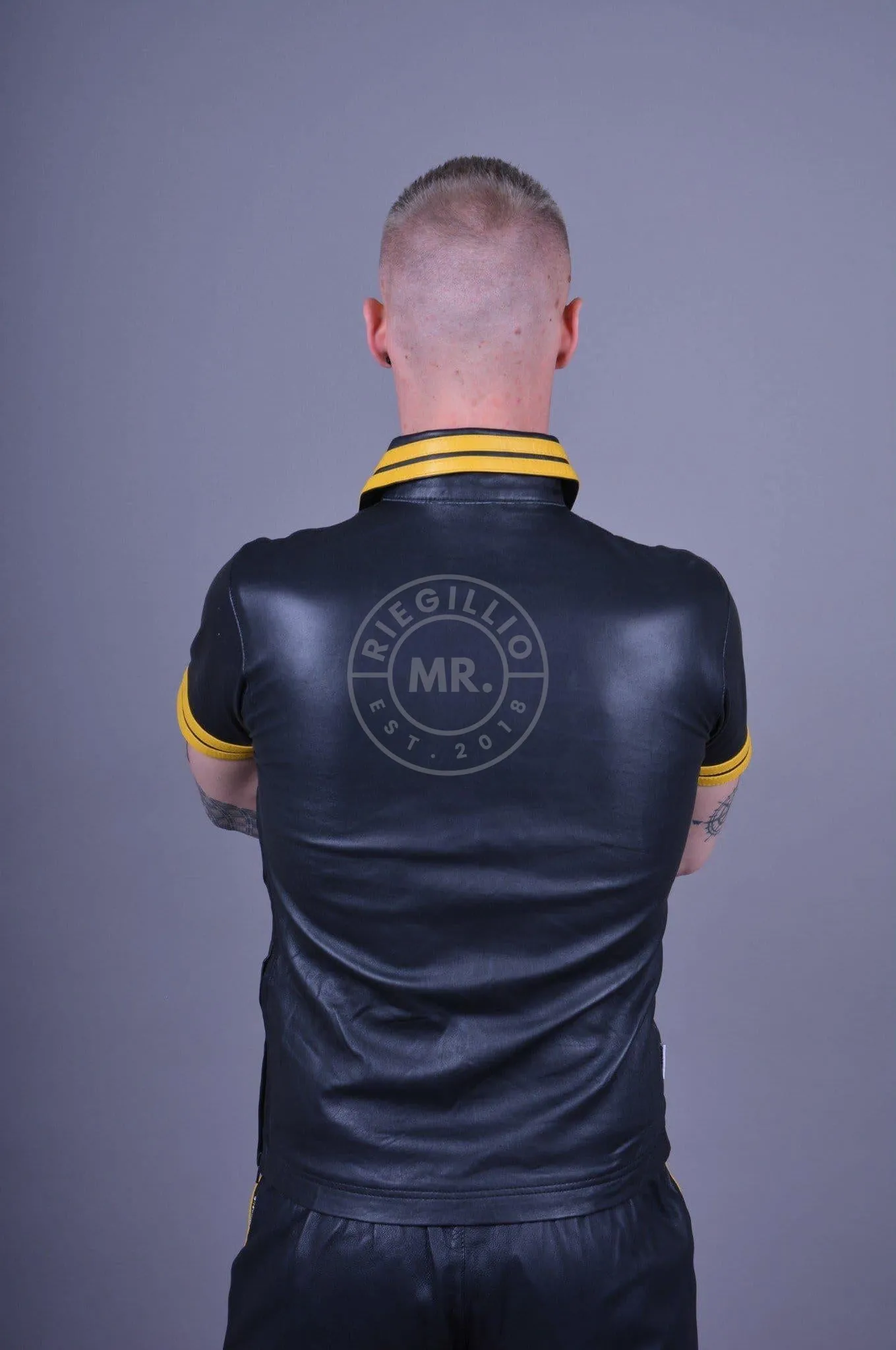 Black Leather Polo - YELLOW STRIPES