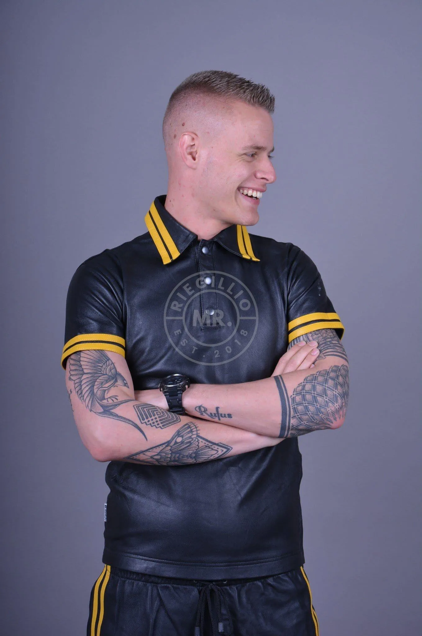 Black Leather Polo - YELLOW STRIPES