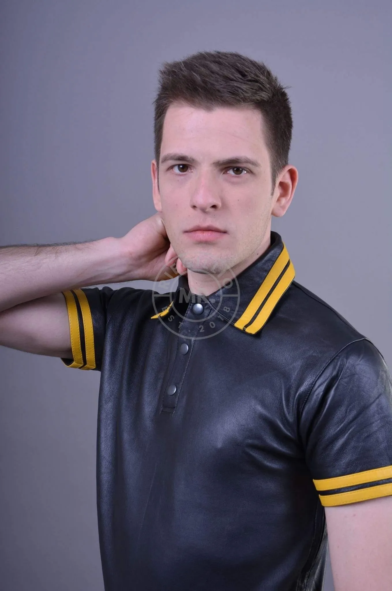 Black Leather Polo - YELLOW STRIPES