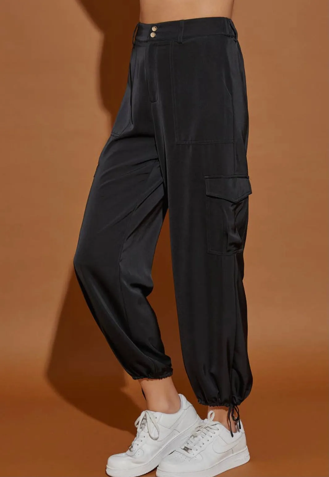 Black Satin Cargo Pant