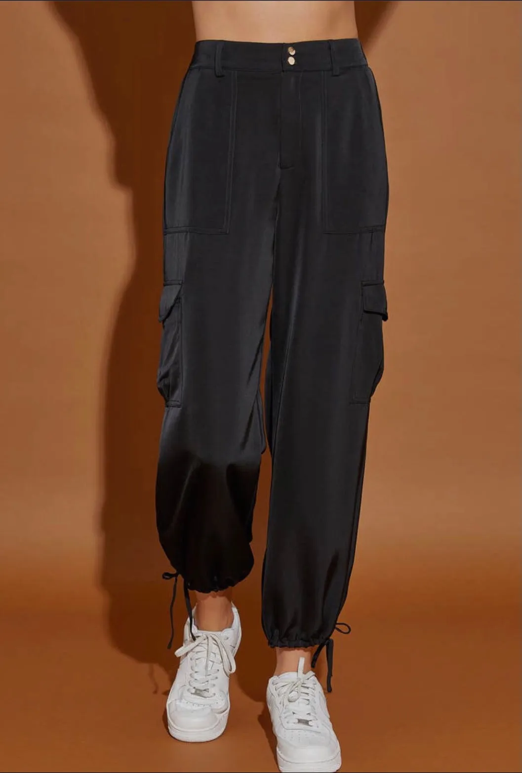 Black Satin Cargo Pant