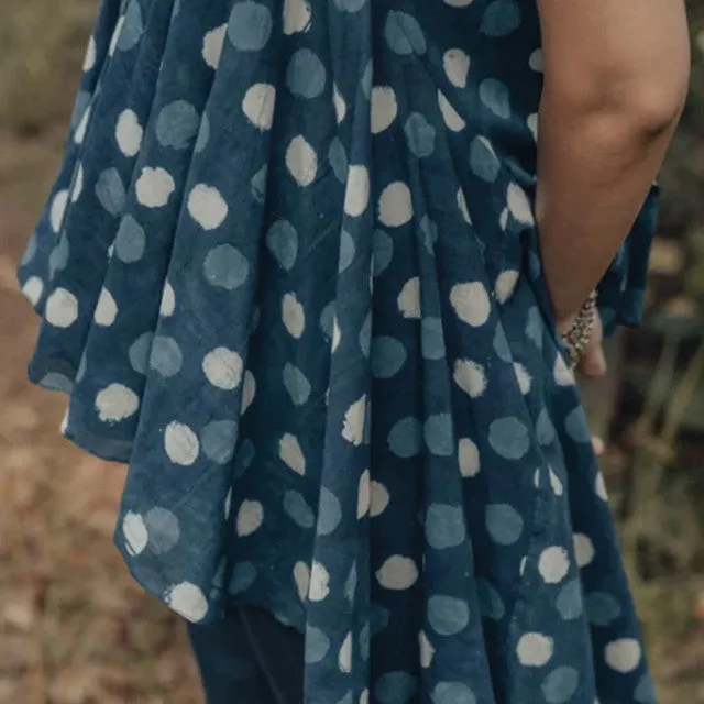 Blue Indigo Hand Block Cotton Polka Dots Ruffled Top With Solid Pants