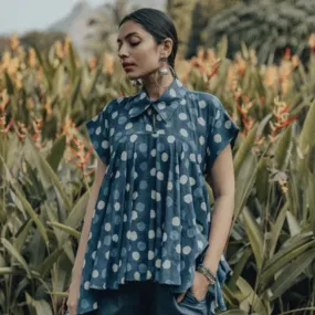 Blue Indigo Hand Block Cotton Polka Dots Ruffled Top With Solid Pants