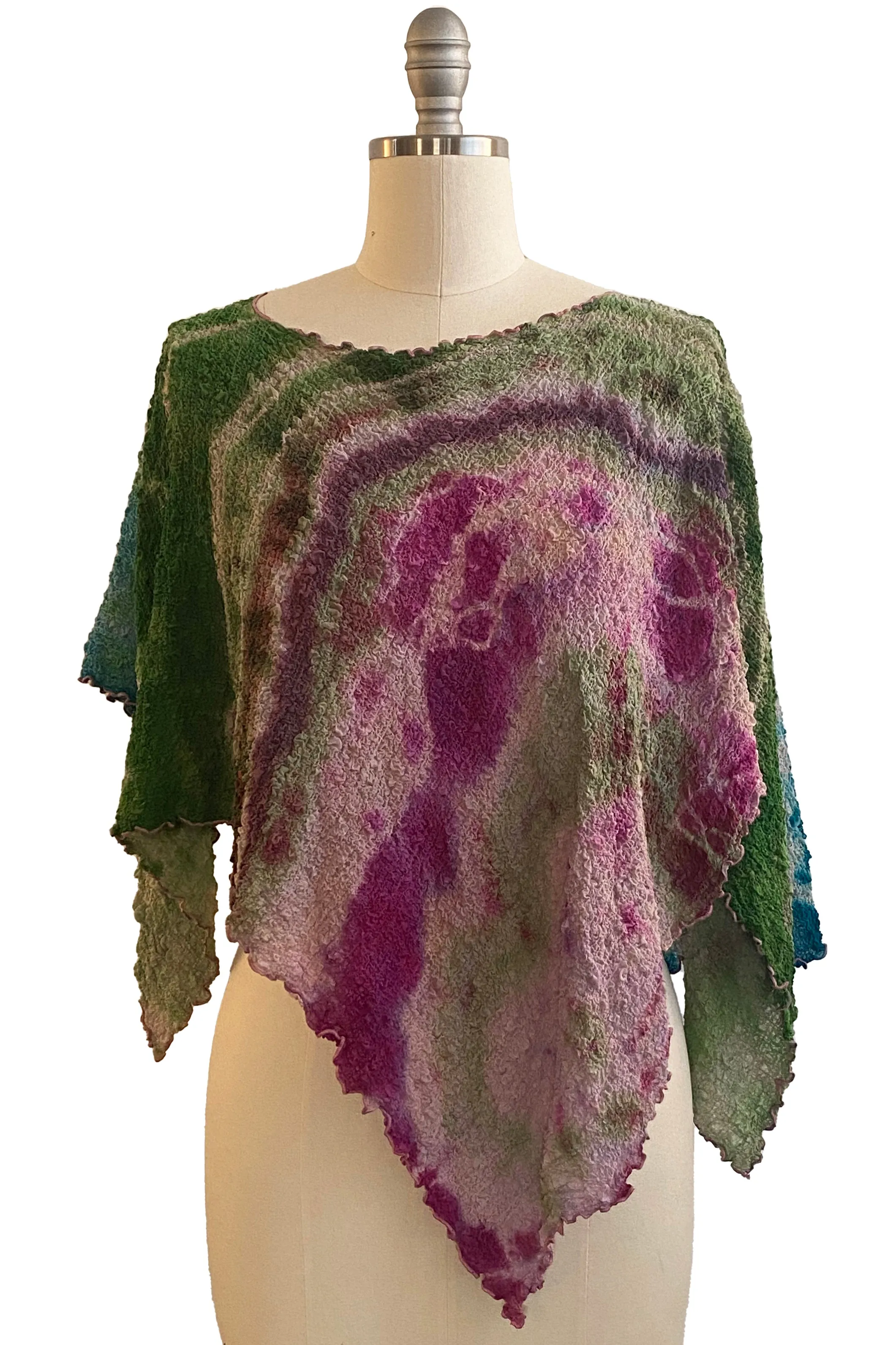 Bubble Silk Poncho w/ River Dye - Turquoise, Pink, & Chartreuse