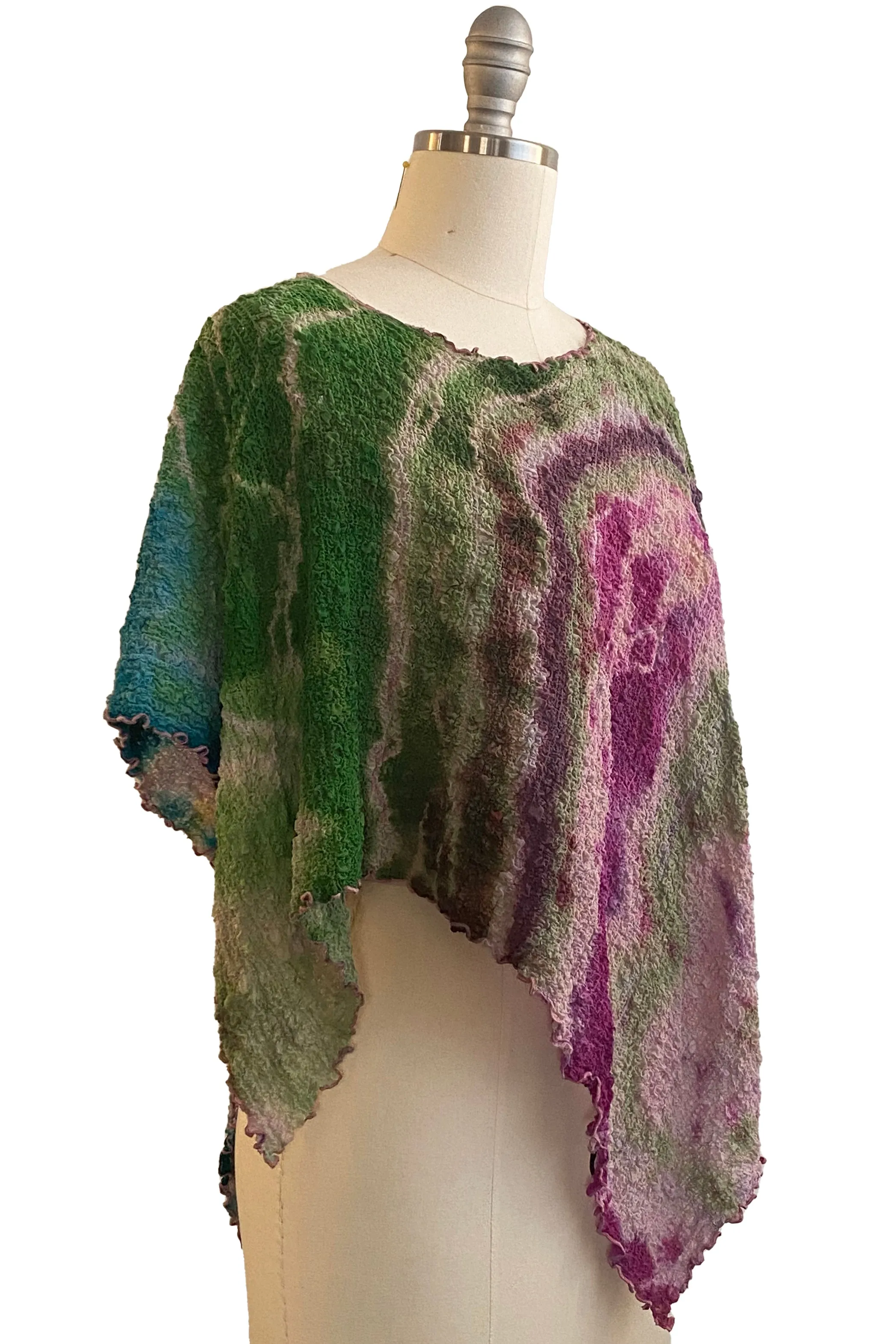 Bubble Silk Poncho w/ River Dye - Turquoise, Pink, & Chartreuse