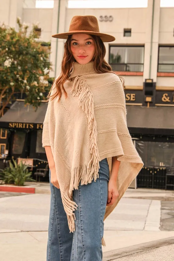 Button Neck Fringe Poncho Oatmeal