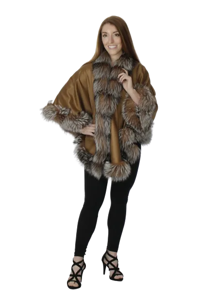 Camel Cashmere Cape with Crystal Fox