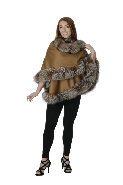 Camel Cashmere Cape with Crystal Fox