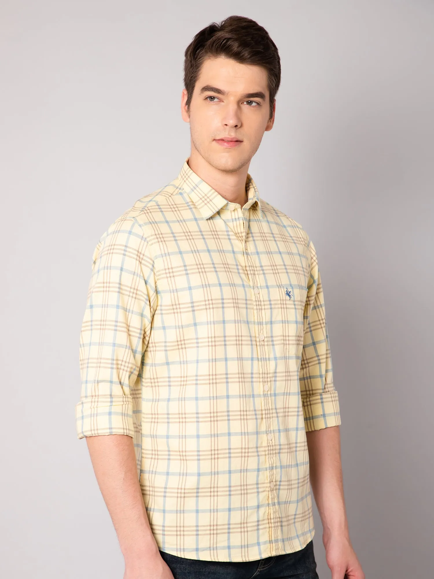 Cantabil Cotton Checkered Yellow Full Sleeve Casual Shirt for Men with Pocket