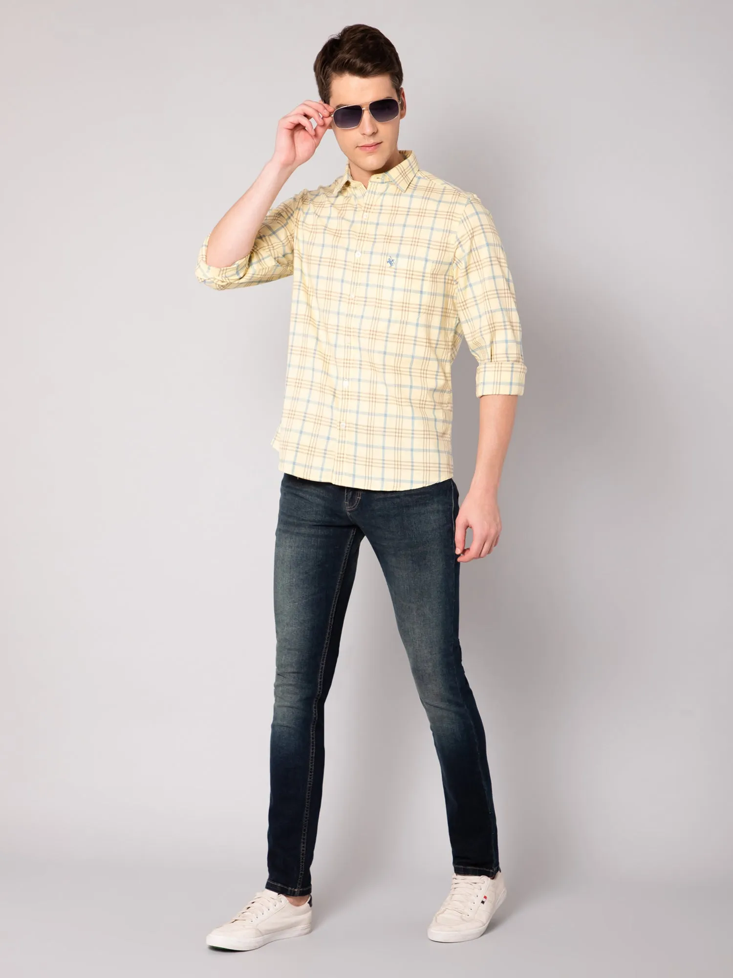 Cantabil Cotton Checkered Yellow Full Sleeve Casual Shirt for Men with Pocket