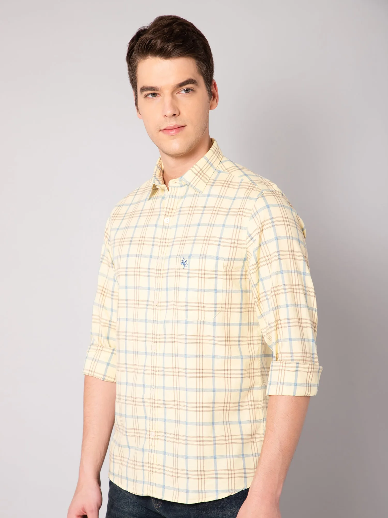 Cantabil Cotton Checkered Yellow Full Sleeve Casual Shirt for Men with Pocket