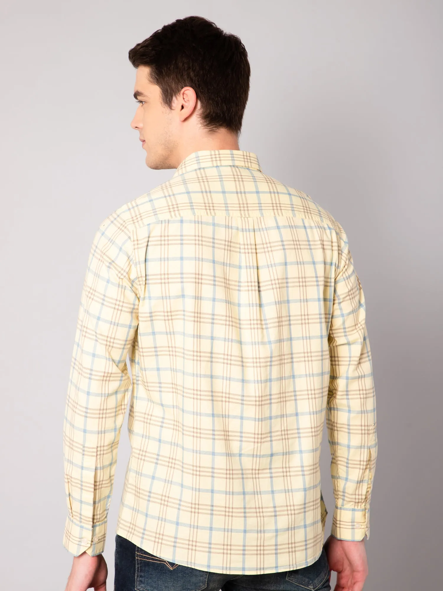 Cantabil Cotton Checkered Yellow Full Sleeve Casual Shirt for Men with Pocket