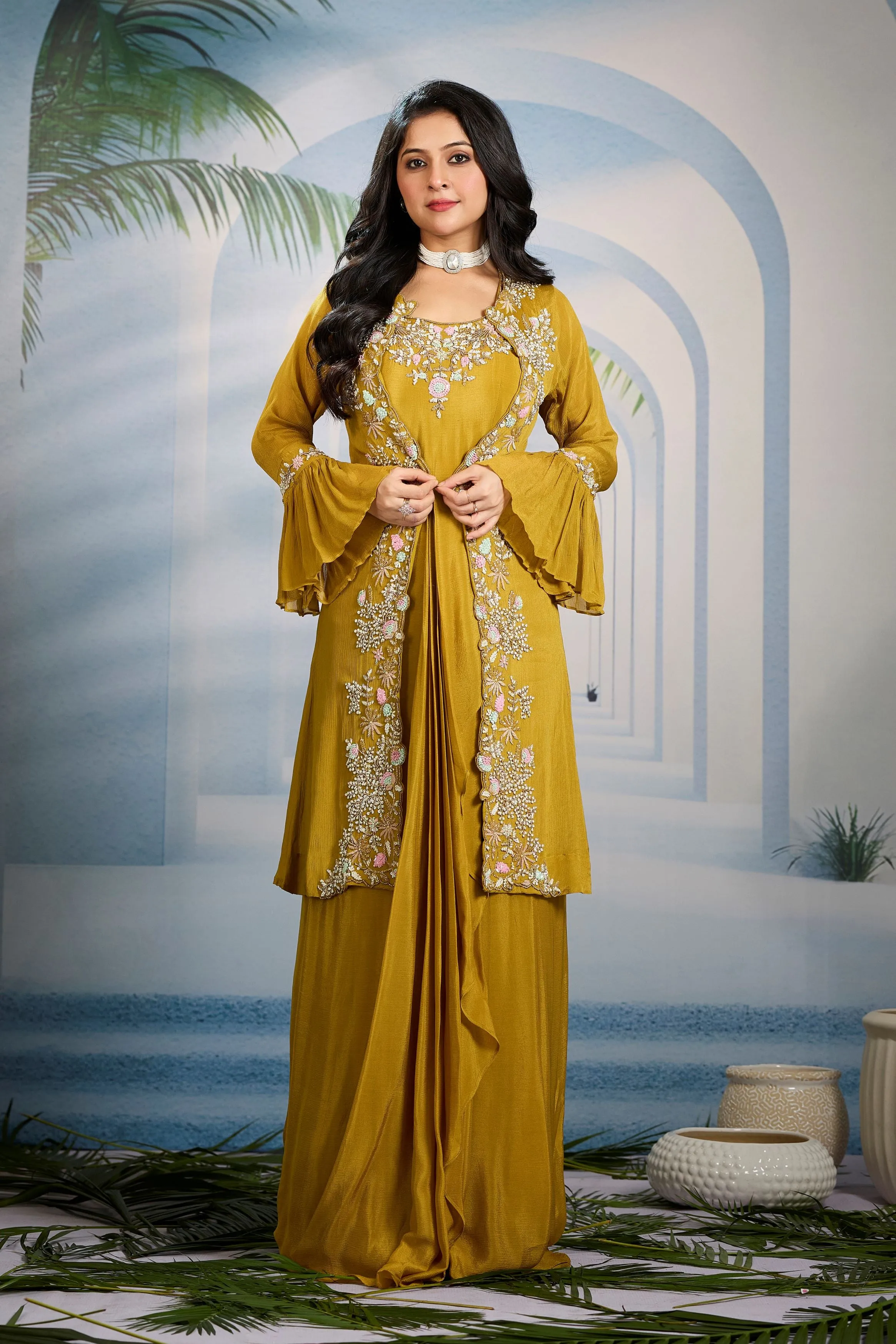 Corn Yellow Embellished Chinon Silk Cape Gown