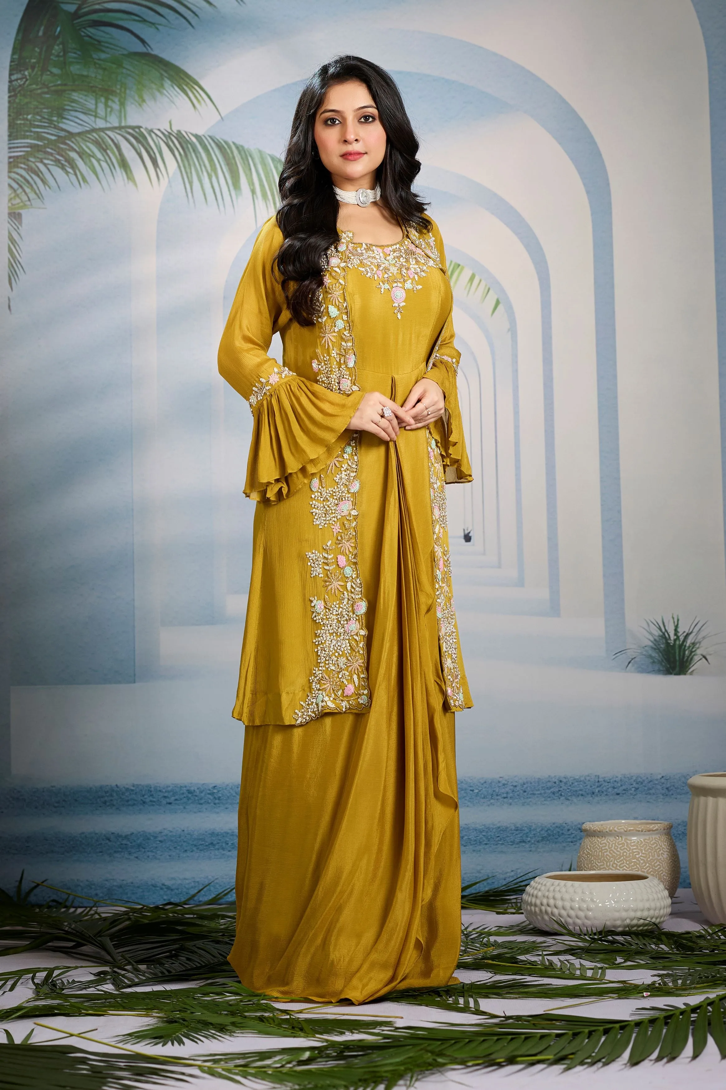 Corn Yellow Embellished Chinon Silk Cape Gown