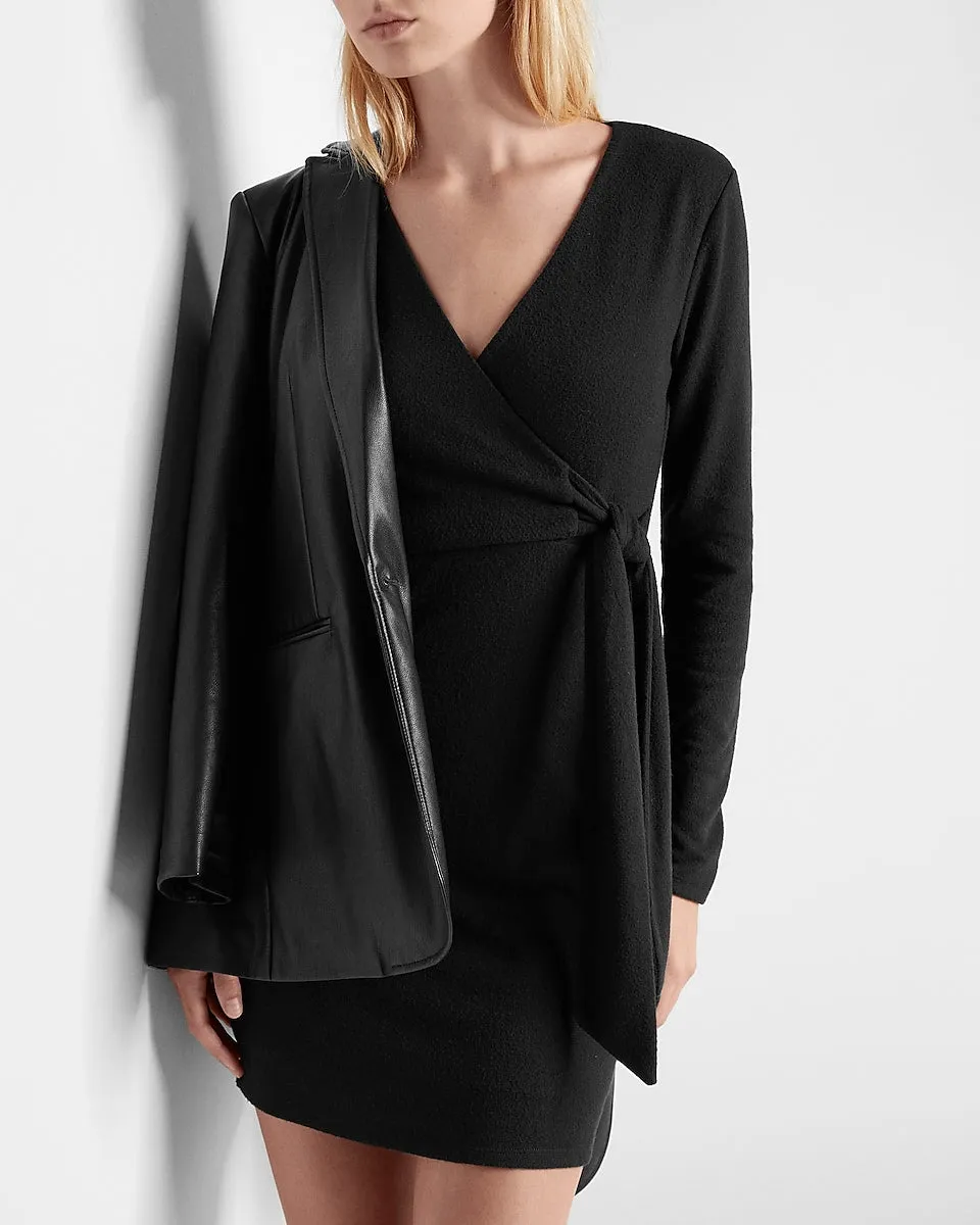 Cozy Wrap Front Mini Dress in Pitch Black