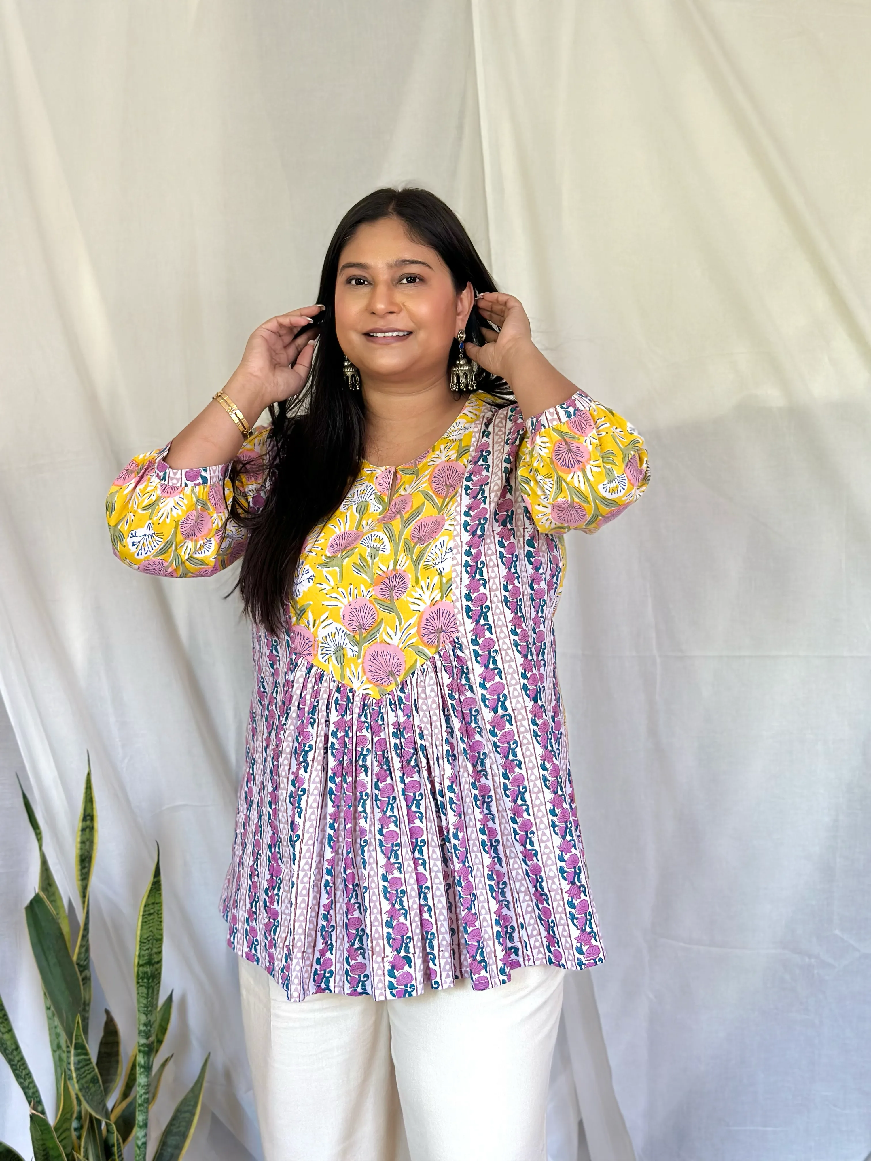 Dandelion Yellow Gather Short Kurti