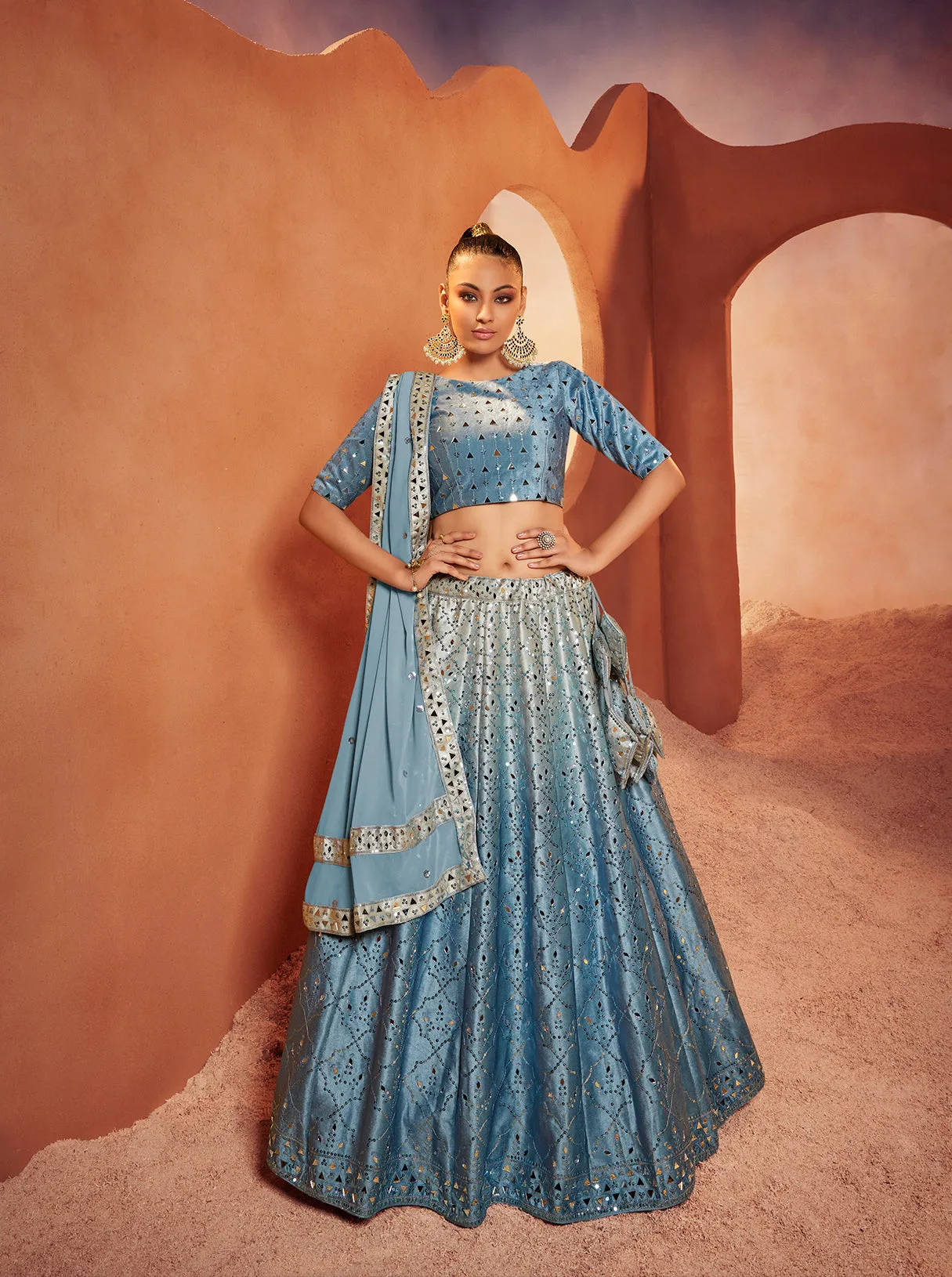 Designer Dusty Sky Color Mirror & Sequence Work Velvet Lehenga Choli