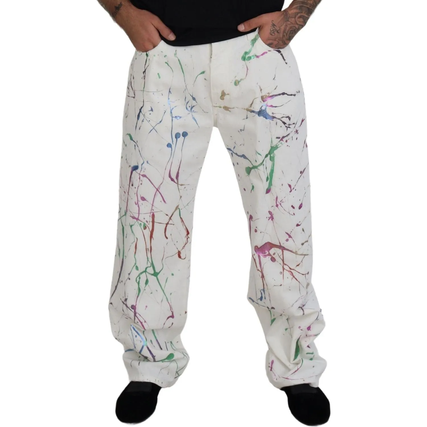 Dolce & Gabbana Chic White Splash Print Denim Pants