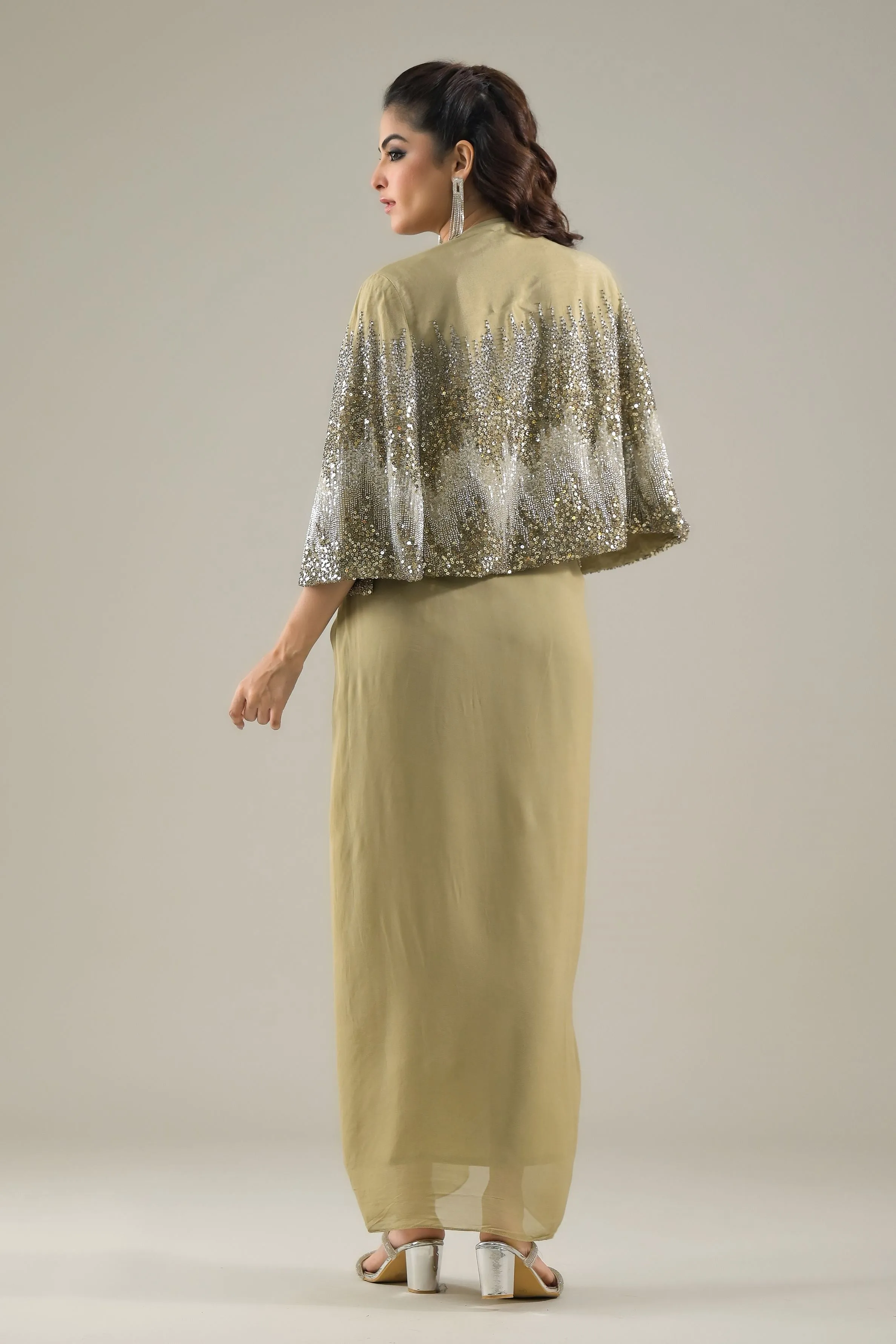 Dusky Green Embellished Premium Net Cape Gown