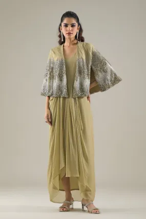 Dusky Green Embellished Premium Net Cape Gown