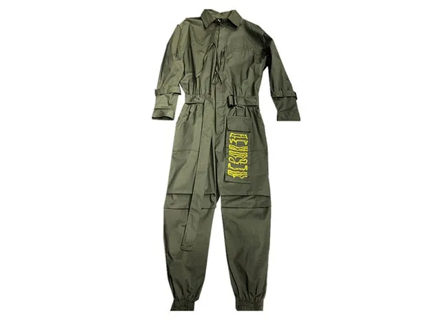 Embroidered with Belt Men Cargo Pants Overall Suit