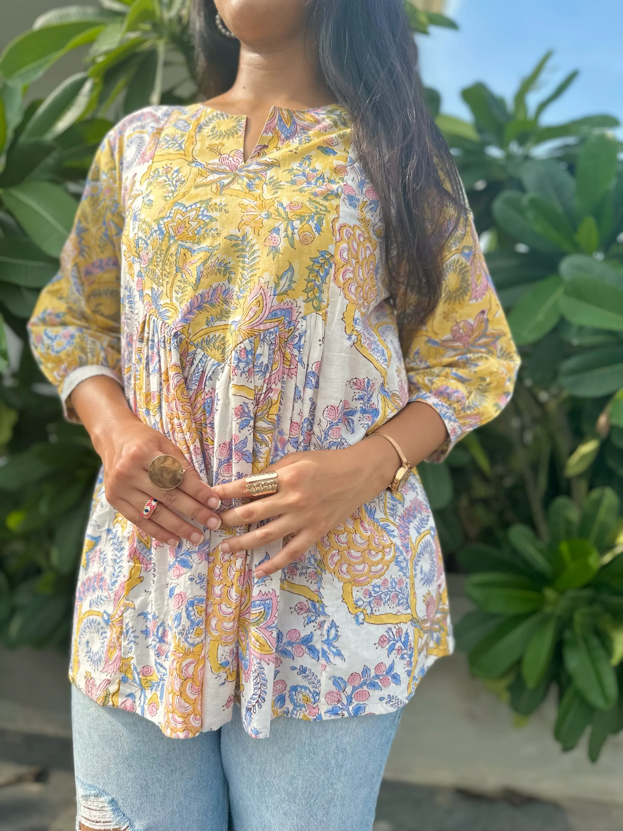 Fall Leaf Yellow Gather Short Kurti